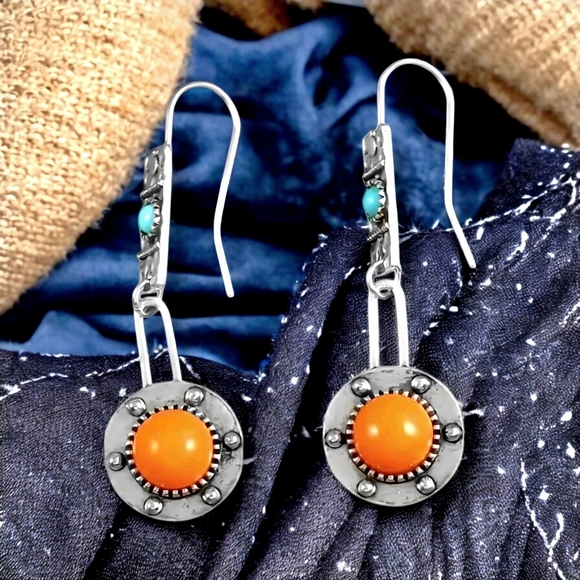 🆕️Vintage Style Boho Chic Drop Trendy Spring Earrings Orange Turquoise Accents - Picture 6 of 16